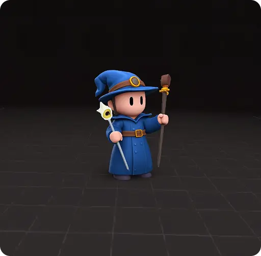 3D mode showing a stylized wizard character in blue robes with staff