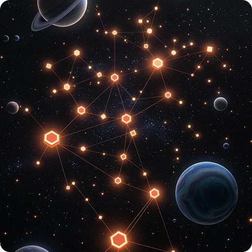 Network constellation with interconnected glowing nodes and data connections in space