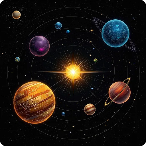 Solar system with planets orbiting around a central star against starry space background
