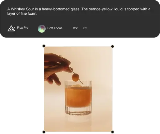 Image mode UI showing whiskey sour cocktail generation with editing controls