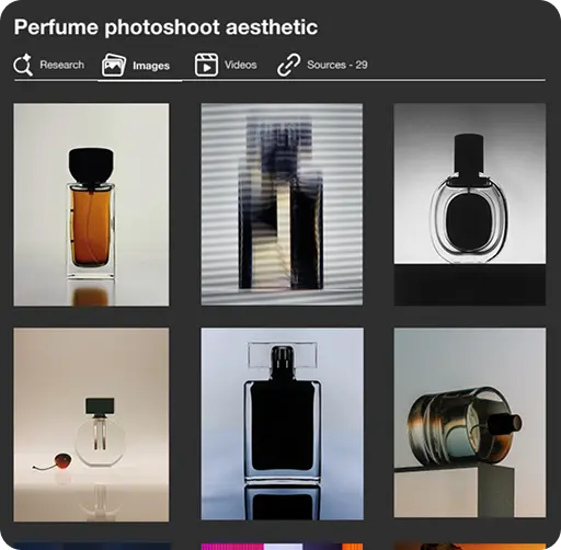 Search mode UI showing perfume photoshoot aesthetic with grid of perfume bottle images
